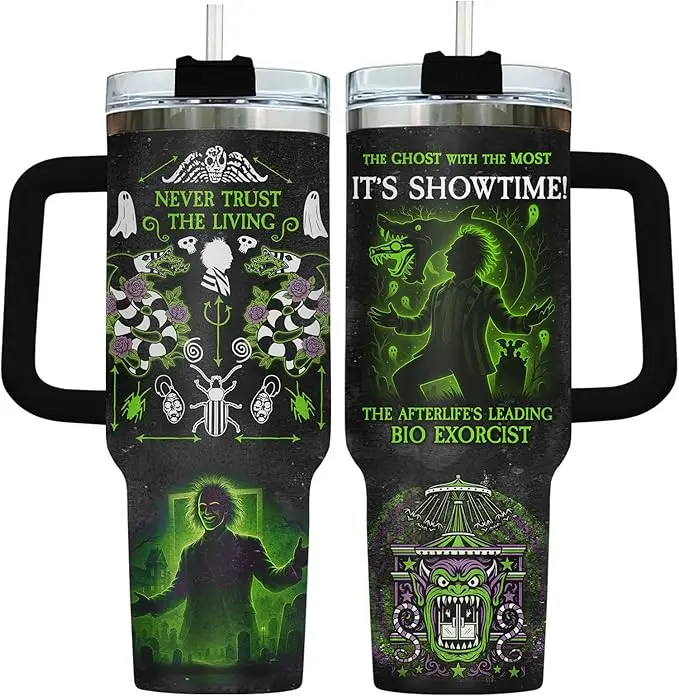 Beetlejuice Never Trust the Living 40oz Tumbler With Handle, It's Showtime Stainless Steel Travel Mug, Bio Exorcist Insulated Coffee Cup, Gothic Horror Movie Fan Gift, Spooky Ghost Lover Tumbler