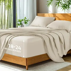 Viscose Derived from Bamboo_, Extra Deep Pocket up to 18"-24",Ultra Soft & Cooling Sheets for Hot Sleepers, Hotel Luxury Silky Bed Sheets (Beige,)