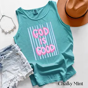 Comfort Colors God Is Good Tank Top, Retro Preppy Christian Graphic Tee, Cute Bubble Letter Faith Shirt, Whimsical Religious Stripes Gift Unisex T-Shirt