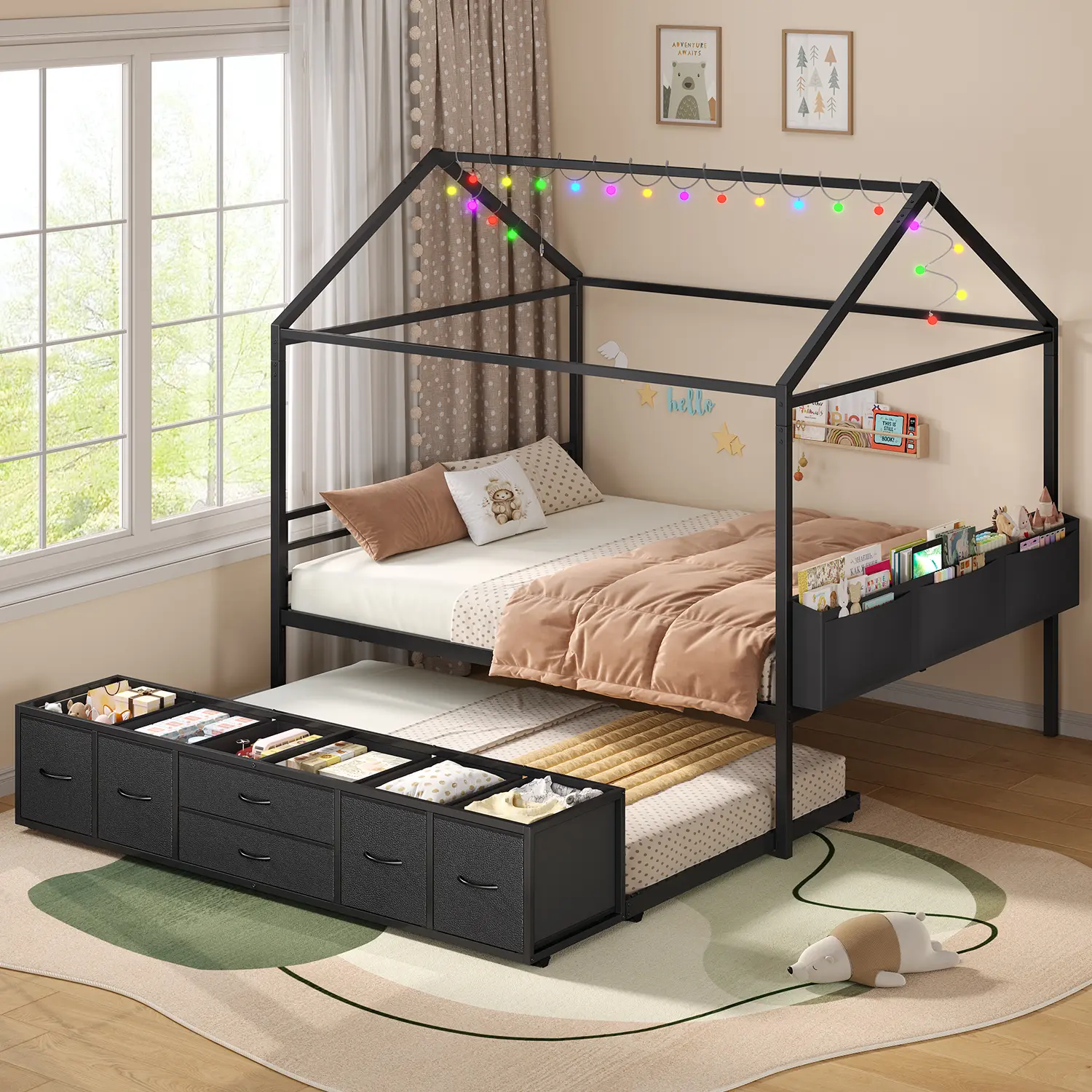 ADORNEVE Full Size Bed Frame with Trundle,House Bed with Globe String Lights Plug in & 6 Drawers,Heavy Duty Metal Kids Bed for Boys & Girls,No Box Spring Needed Bedframe Bedroom Bedframe