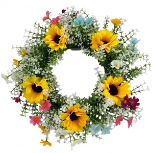 14 Inch Sunflower Front Door Wreath, Spring & Summer Greenery Wreath with Sunflowers for Indoor & Outdoor Wall, Window and Home Porch Decor