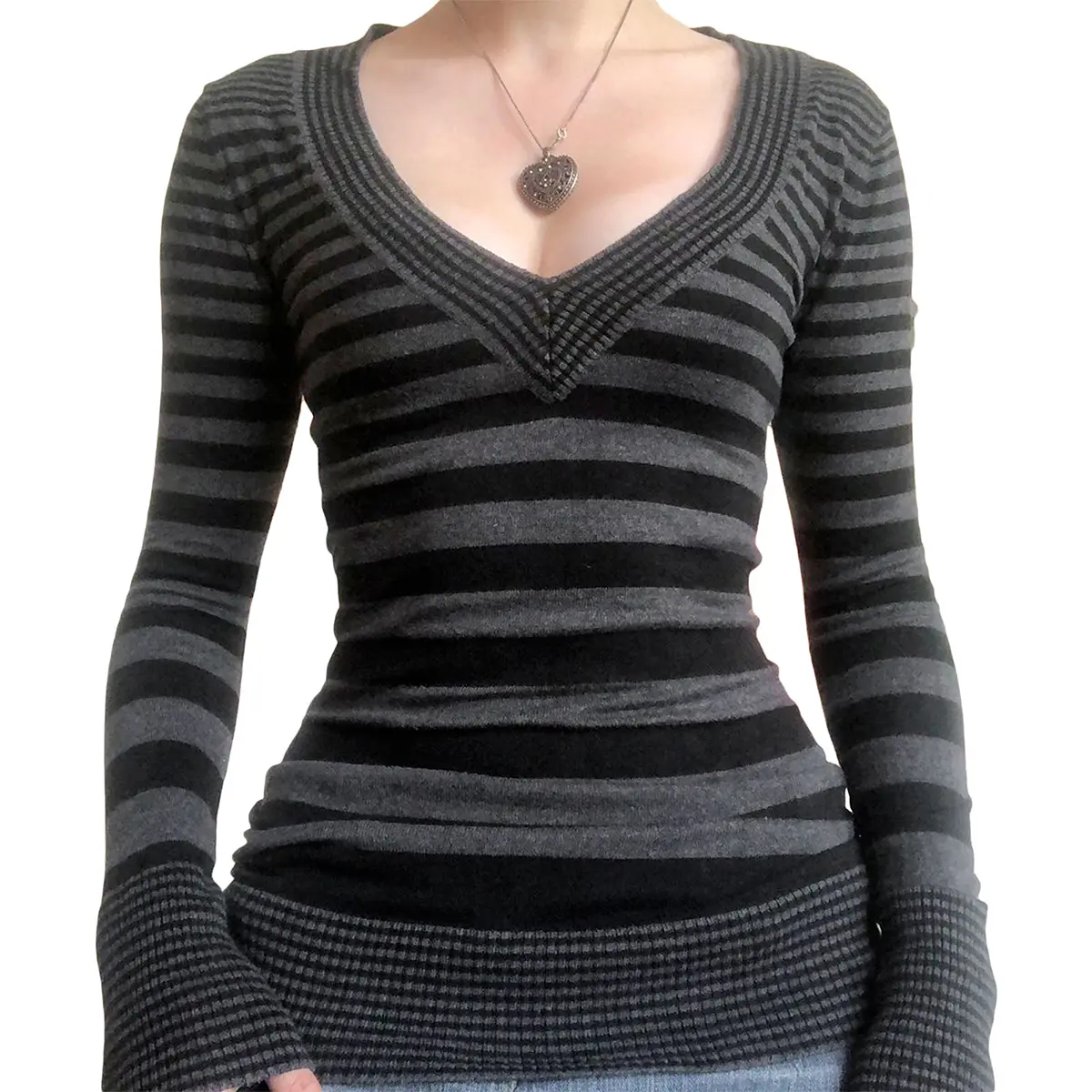 Women's Spring AutumnKnitwear Ladies Female Long Sleeve V Neck Striped Knit Tops Sweater Womenswear Pullovers Streetwear