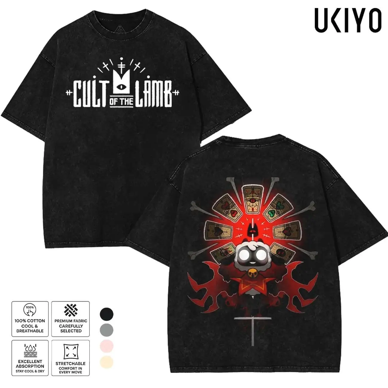 Cult Of The Lamb Graphic Tee Tarot Cards The Lamb Vintage Acid Wash T-Shirt Unisex Heavyweight Cotton Oversized Streetwear Tshirt Occult Merch Clothing DOP