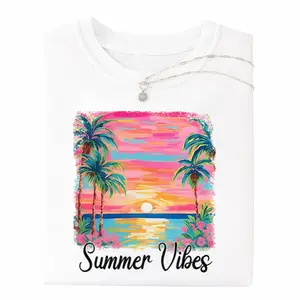 Women's Short Sleeve T-Shirt Featuring Summer Vibe Text and Tropical Beach Scene