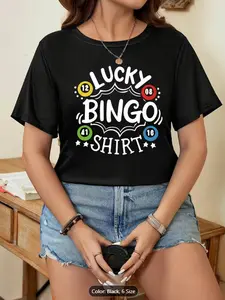 Women's T-shirt with "Lucky Bingo" print - Black T-shirt with Colorful Bingo Numbers and Stars, Short Sleeves, Round Neck, Summer Fashion, Everyday Wear, Fun Pattern, Comfortable Style