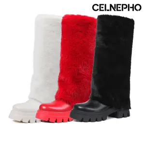 CELNEPHO Knee High Boots for Women Round Toe Platfrom Boot Easy Pull on Faux Fur Boot Cozy Plush Fur Design Fashion Booties Party Gift Casual Wear Dress Shoes