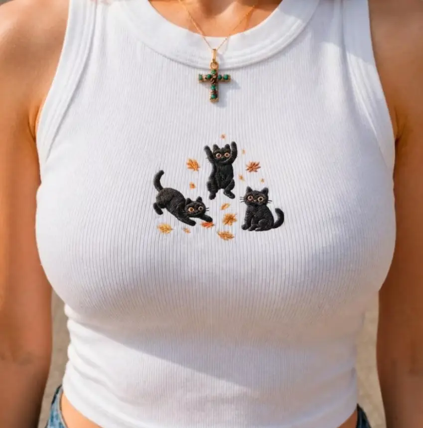 [Embroidered ] Embroidered Black Cat Women’s Tank Top, Autumn Leaves Sleeveless Graphic Top, Cute Cottagecore Fall Shirt, Cat Lover Gift for Her