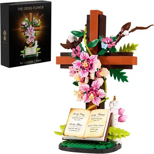 Jesus Cross Flower Building Set, Religious Cross Collectibles Compatible with Lego Jesus Catholic Building Toys, Easter, Christian, Birthday Gifts for Mothers, Women or Adults (568 PCS)