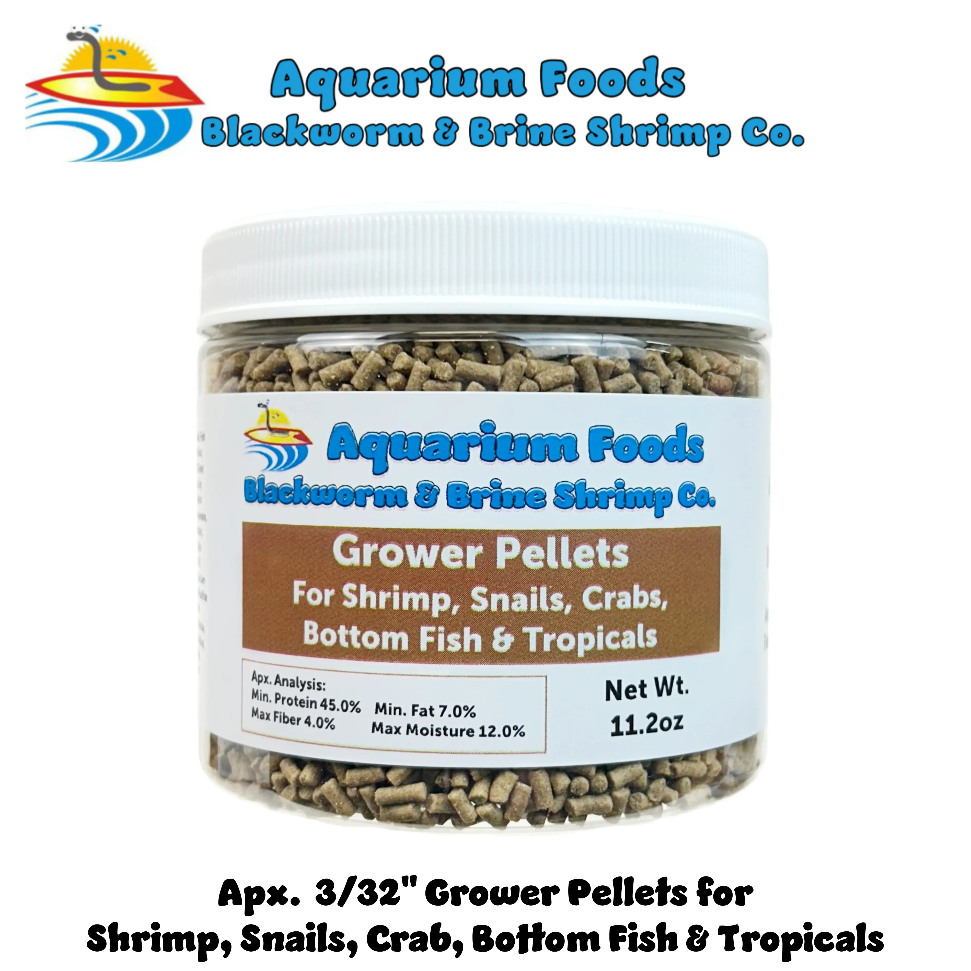 Shrimp Grower Pellets, 45% Protein Sinking 3/32" x 1/4" for Shrimp, Snails, Crabs, Axolotls, Newts, Catfish, Plecos, All Bottom Tropical Fish. FREE 4-Type Wafer Mix & 12-Type Pellet Mix Included… Round Jar