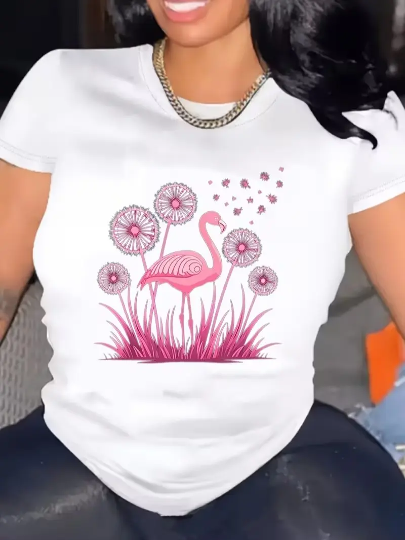 All Pink Flamingo With Dandelion Grass Floating Heart Seeds Graphic T-Shirt, Tropical Summer Floral Bird Lover Casual Short Sleeve Tee