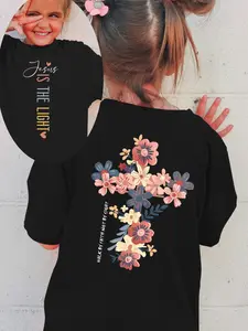 Girls Christian Front & Back Graphic T-Shirt - 'Jesus Is the Light' Floral Cross Tee