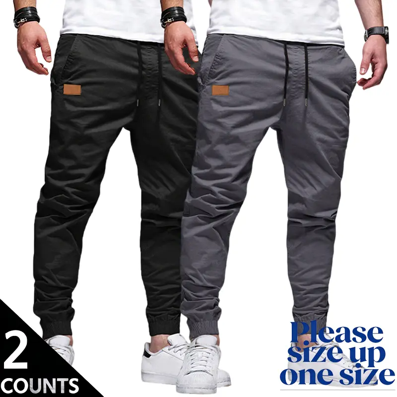 2-Pack Men’s All-Season Breathable Quick-Dry Cargo Jogger Pants, Drawstring Elastic Waist, Side Pocket Insert, Leather Tag Decoration — Versatile Casual Pants for Commuting, Outdoor Activities, Workouts, and Everyday Wear