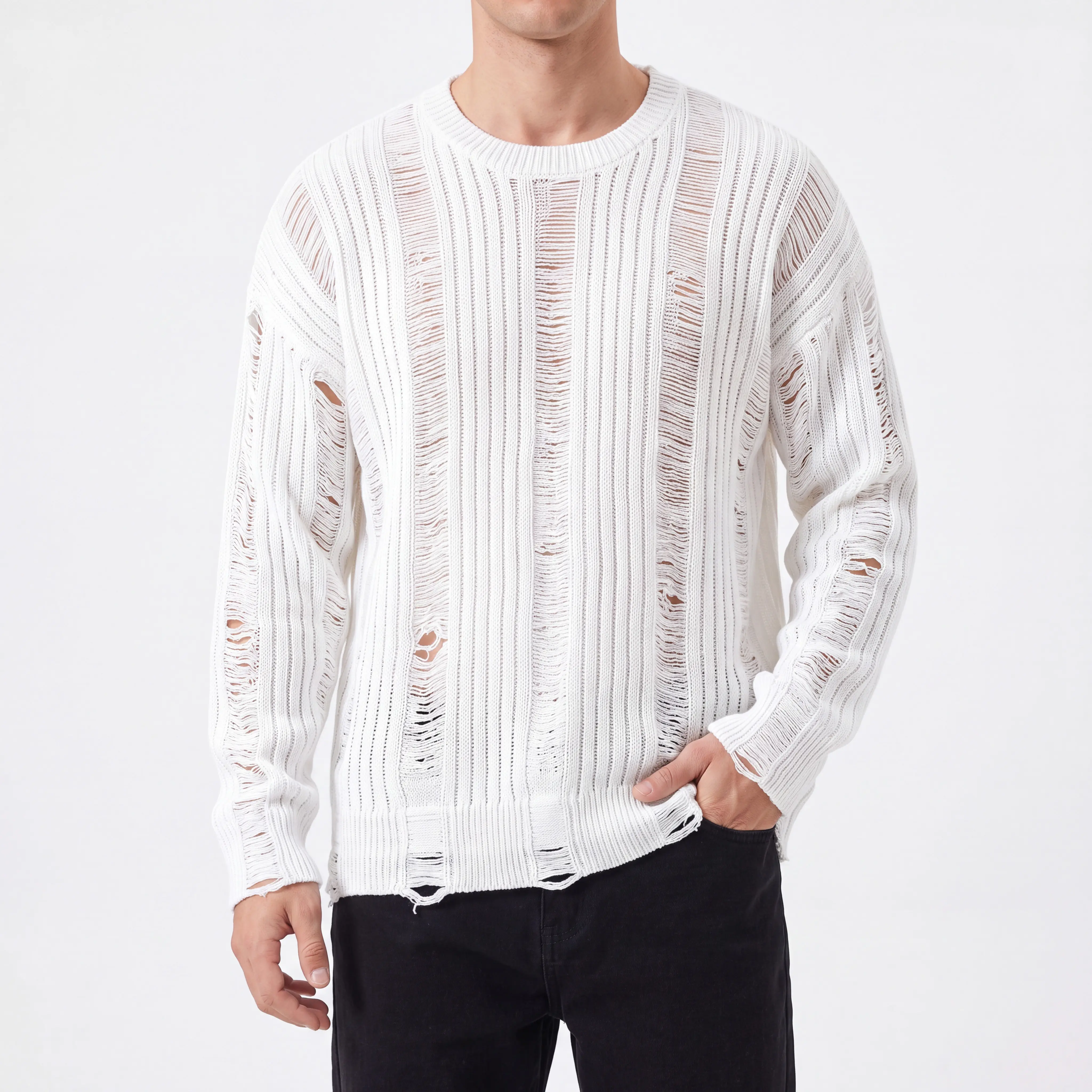 Men's Unisex Casual Knitwear Sweater - Long-Sleeve Openwork Knit Pullover, Distressed Street Style Loose Drop-Shoulder Fit, Tops, Longsleeves, Round Neck, Clothes