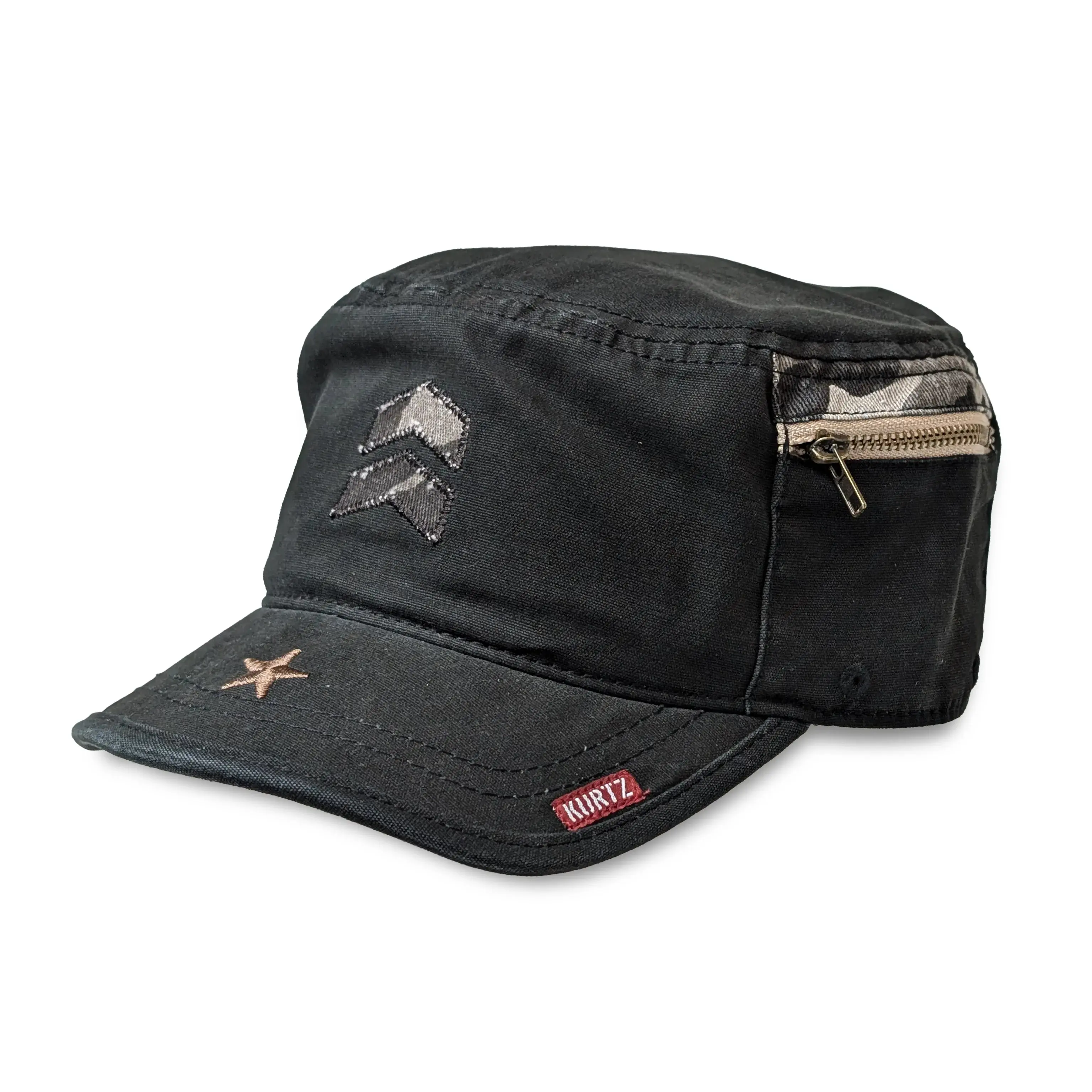 Fritz Camo Detail Cadet Cap - Soft Cotton Canvas, Black Camouflage, Unisex, Casual, Fitted, Versatile Military-Inspired Design hats