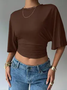 Women's Summer Simple and Stylish Basic Casual Top T-shirt - Batwing Sleeve Ruched Short Top | Waist-Cinched Hem Soft Modal T-shirt | Women's Trendy Y2K Style Top - Stretchy Knitted Crew Neck Short Top, a Must-Have Item for Street Fashionistas in Summer