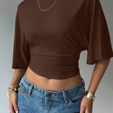 Women's Summer Basic, Simple Stylish Casual Batwing Sleeve Ruched Short Top T-shirt, Relaxed Hem Soft Elastic T-shirt, Trendy Y2K Stretchy Knitted Crew Neck Top, Womenswear, Everyday Tops