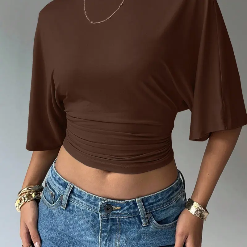 Women's Summer Basic, Simple Stylish Casual Batwing Sleeve Ruched Short Top T-shirt, Relaxed Hem Soft Elastic T-shirt, Trendy Y2K Stretchy Knitted Crew Neck Top, Womenswear, Everyday Tops