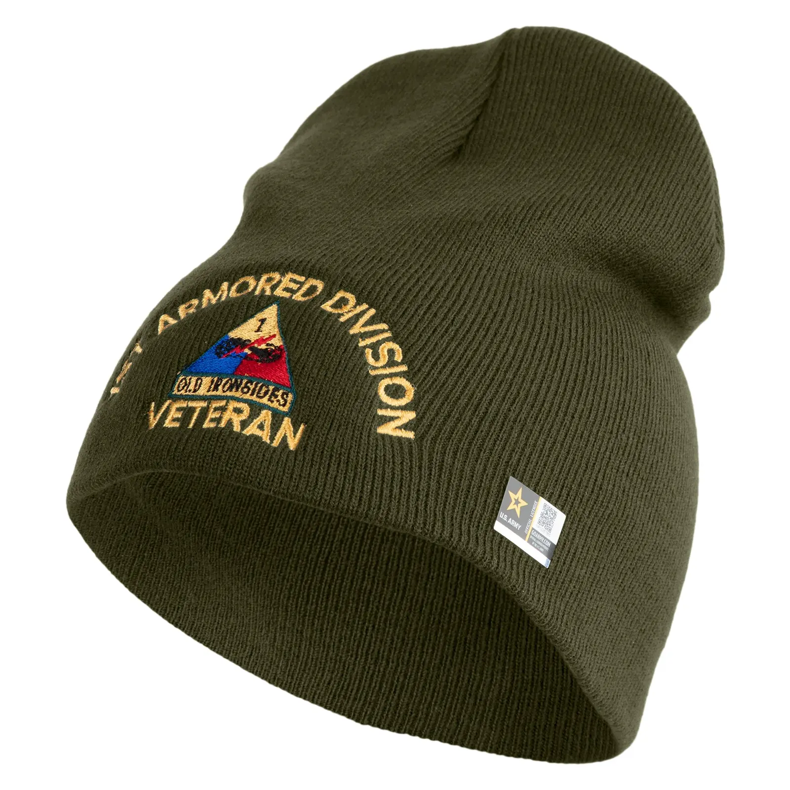 US Army 1st Armored Division Symbol Embroidered 8 Inch Solid Short Beanie