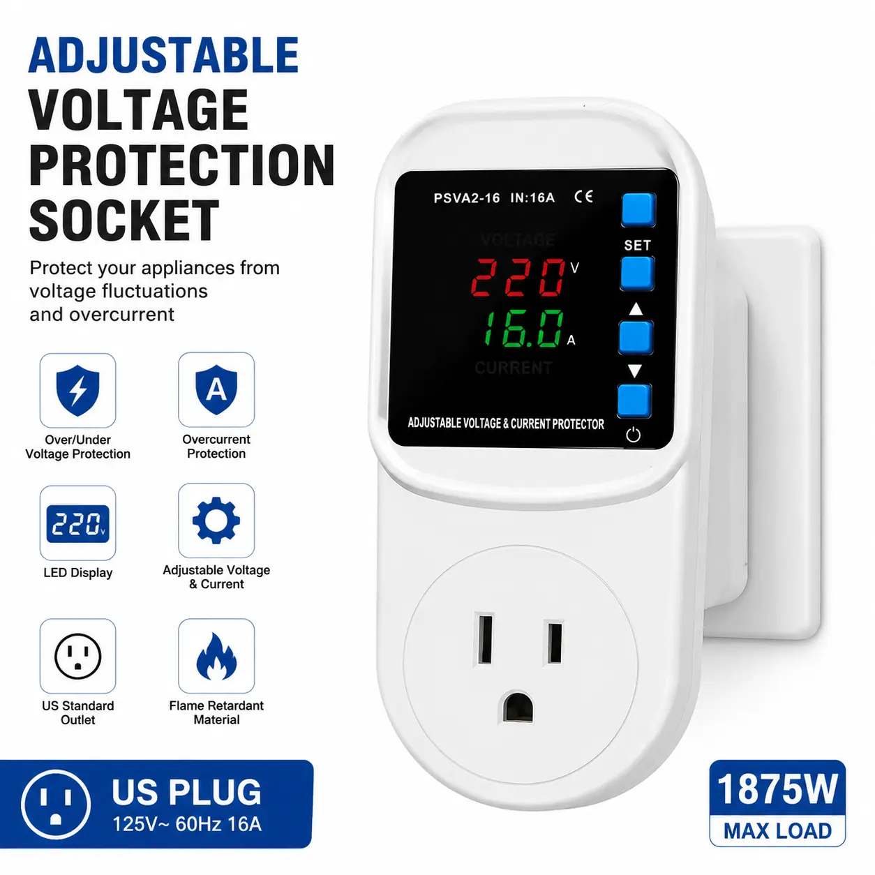 Voltage & Current Protector Plug, 125V 16A Adjustable Surge Protection Outlet, Single US Standard Smart Voltage Monitor with LED Display, Over/Under Voltage Protection for Refrigerator & Home Appliances, 1875W Max