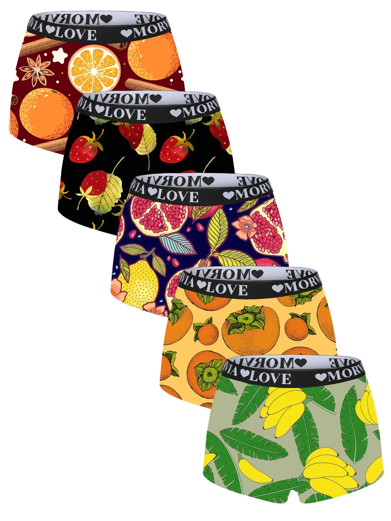 Morvia 5Pcs Full-Coverage Boyshort Underwear for Women, Vibrant Fruit-Print, Print Panties, Wide Waistband, No-Ride-Up, Stretch Briefs, Casual All Seasons