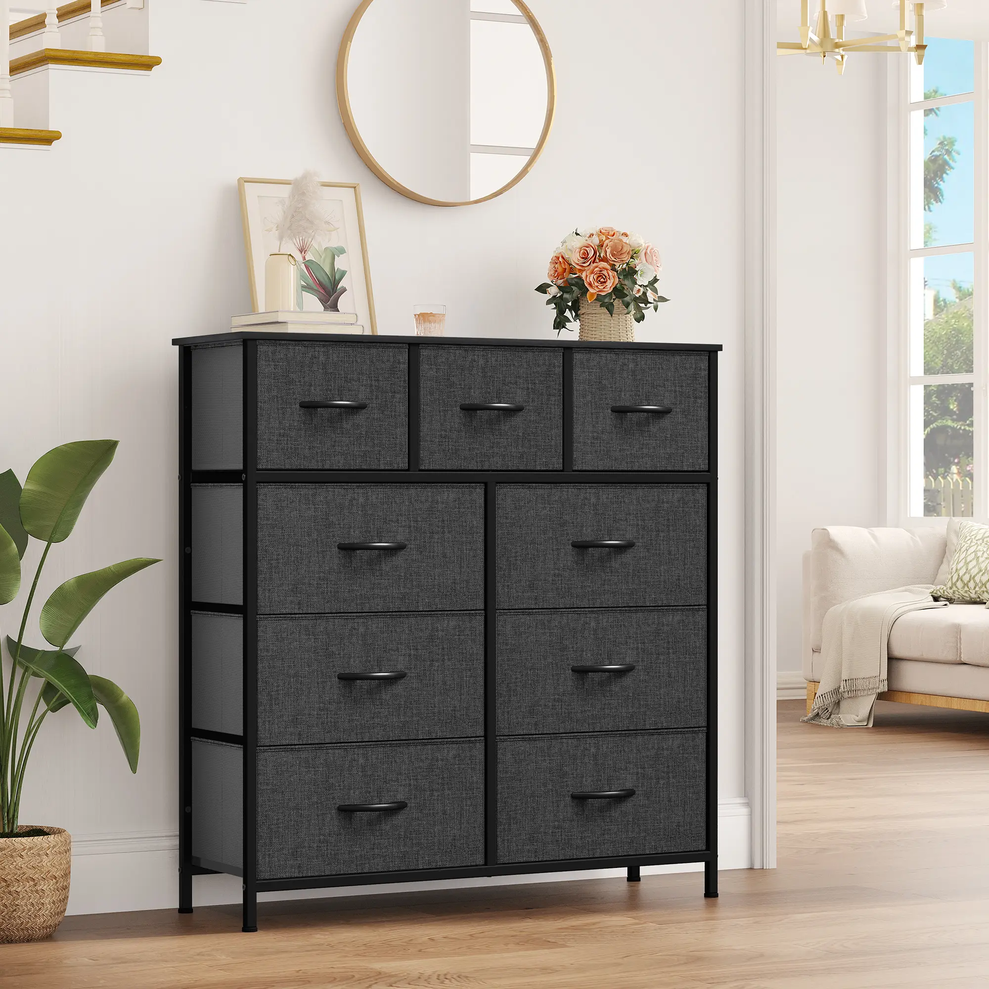 YITAHOME 9 Drawer Fabric Dresser, Furniture Storage Tower Cabinet, Organizer for Bedroom, Living Room, Hallway, Closet, Sturdy Steel Frame, Wooden Top
