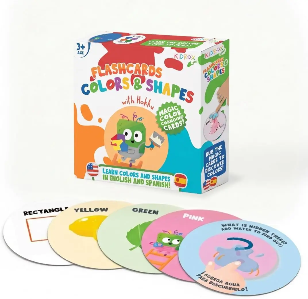 Kidrox Colors & Shapes Flashcards for Toddlers – Learn Colors & Shapes in English & Spanish | 40 Double-Sided Cards + 10 Magic Water Reveal Cards | Bilingual Educational Game for Kids Ages 3+