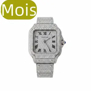 SPACEICE MOIS Iced Out R style Watch - Full Pave Moissanite Diamond Hip Hop Wrist Watch, Silver Tone Stainless Steel, Waterproof, Roman Numeral Dial, for Rapper Style