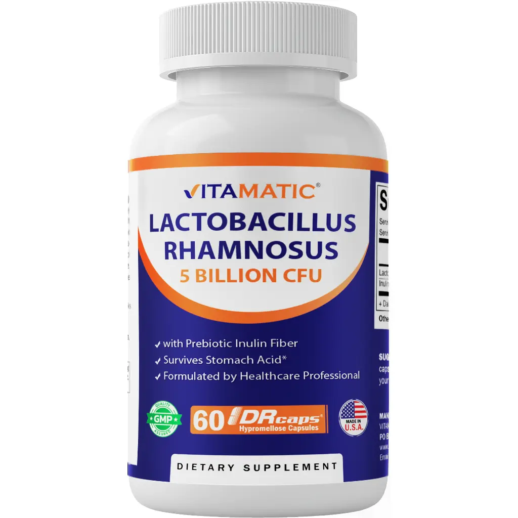 Vitamatic Lactobacillus Rhamnosus Edible Capsules - Self Care Products, 5B CFU per DR Capsule, 60 Count, Prebiotic Inulin Fiber-Infused, Digestive & Immune Support Healthcare Dietary Supplement