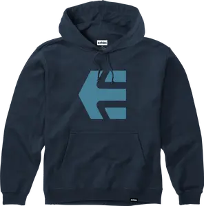 ETNIES Classic Icon Pullover Hoodie - Navy Blue Fleece with DTM Hood Drawstring & Pouch Pocket for Men