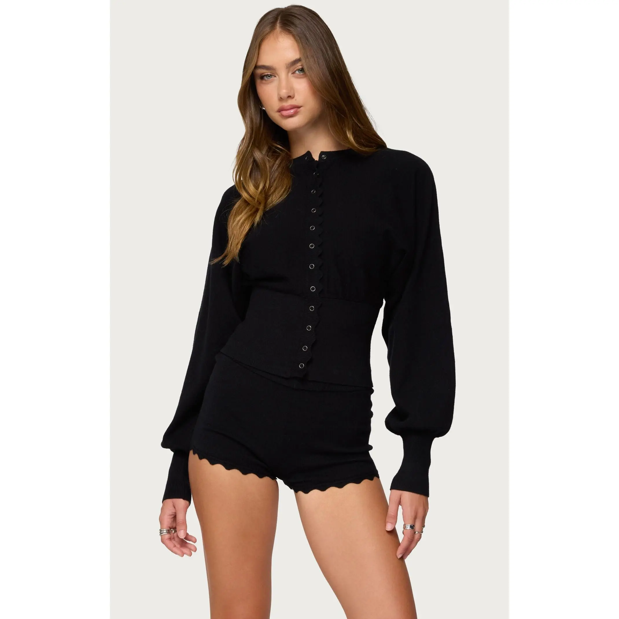 Edikted Women's Maizy Puff Sleeve Scalloped Knit Cardigan