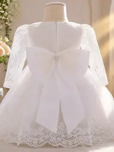 Bowknot Baby Dress Infant Christening Dress Children's Dress Long-sleeved Lace Dress, White Dress, Baby Girl Clothes