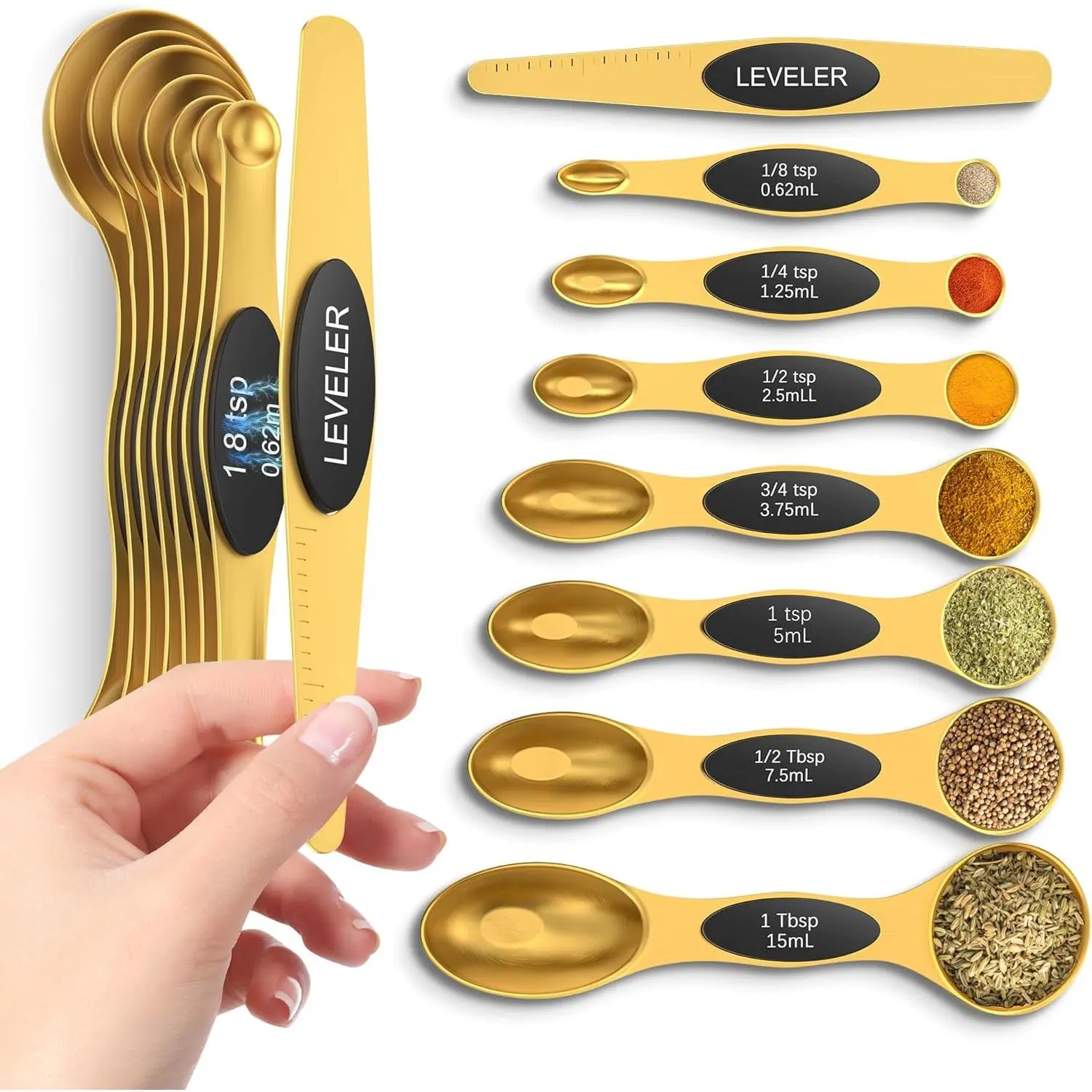 Magnetic Measuring Spoons Set with Strong N45 Magnets, Heavy Duty Stainless Steel Metal, Fits in  Kitchen Spice Jars for Baking & Cooking, BPA Free, Multicolor, Set of 8 with Leveler(Gold)