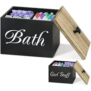 Tampon Storage Bathroom Container with Lid, Tampon Holder for Bathroom, Countertop Organizer Storage Box Tampons and Pad Organizer, Wood Movable Partition Feminine Product Organizer for Cosmetics