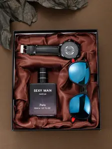 Fashion Watch, Fashionable Wristwatch with Quartz Movement and Analog Face, Complete Set with Trendy Glasses and Unique Fragrance, Perfect for Men's Style