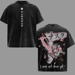 Men's Asta Black Clover Black Bulls Oversized Anime Double-Printed Vintage Washed Heavyweight Cotton T-shirt, Unisex Breathable Seamless Fabric Apparel