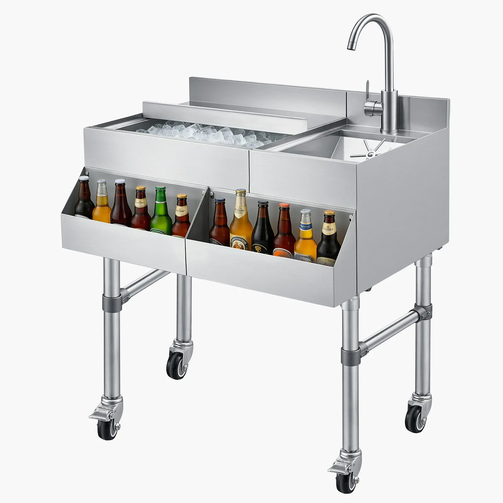 VEVOR Commercial Rectangular Stainless Steel & Plastic Ice Bin Sink Unit, 60 Qt Max Storage, 24x19x35 In Polyurethane Ins., Sliding Lid, Bottle Holders, Faucet, 76.50 lbs Cooler Cart for Bars, Kitchens