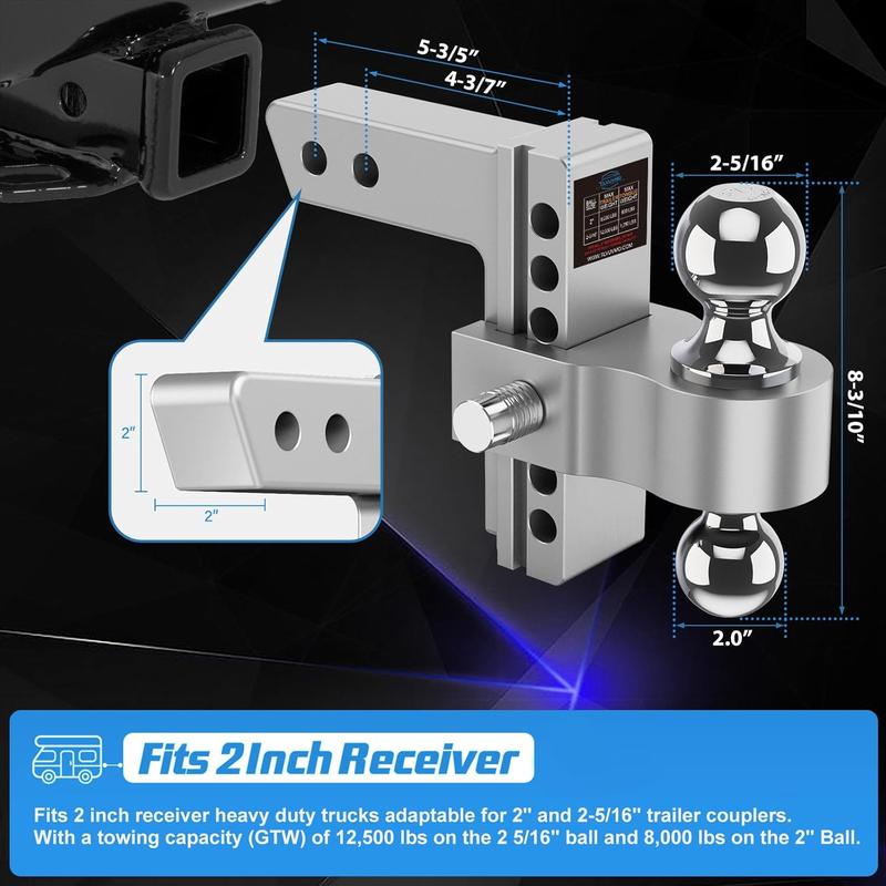 Adjustable Trailer Hitch, 6 Inch Drop Hitch Ball Mount (Fits 2-Inch Receiver), 12,500 LBS GTW, (2" & 2-5/16") Chrome Plated Steels Balls, Aluminum Tow Hitches with Two Anti-Theft Pins Locks