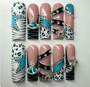 Teal Leopard & Zebra Press-On Nails, Crystal Rhinestone 3D Nail Set, Medium Square Glam Acrylic Nails, Animal Print Statement Fake Nails for Women