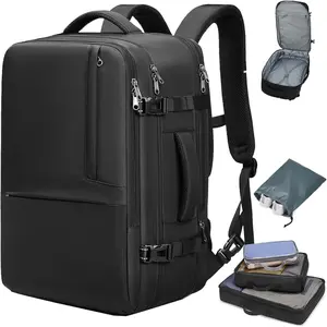 50L Expandable Travel Backpack for Men Women, Carry  Backpack Airline Approved, Suitcase Backpack with Packing Cubes, Water Resistant Luggage Backpack Daypack Weekender Bag, Black
