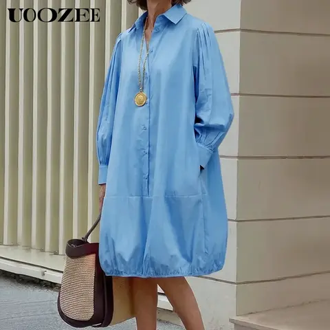 UOOZEE Women's Basic Minimalist Long-Sleeve Lapel Button-Front Midi Dress - Solid Lightweight Cotton Blend Fabric, Pockets, Camisole-Ready, Loose Comfortable Fit, All-Seasons Casual Wear