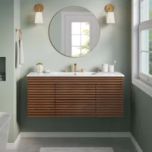 Modway Render 48" Wall-Mount Bathroom Vanity in Walnut White