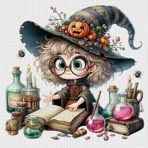 Pumpkin Hat Witch Cross Stitch Kit, 11 Grids DIY Colorful Hand Embroidery Design, Home Wall Decor Gift, Frameless, 14.17x14.17 Inches