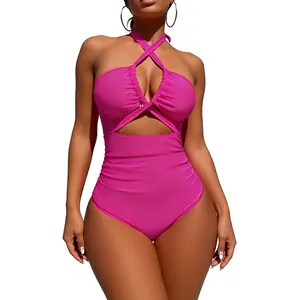 LOEL Women's One Piece Swimsuit Plunge Neckline Cutout Criss Cross Bathing Suit Slimming Pleated Design Hook and Eye Closure