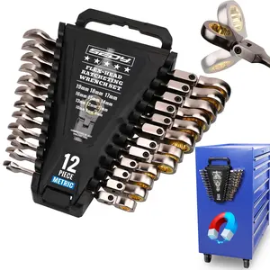 12-Piece Metric Flex-Head Ratcheting Wrench Set with 72 Teeth 180° Flex Head (8mm-19mm), Premium Cr-V Steel Ratchet Combination Wrench Set with Rack Organizer, Ratchet Spanners for Motorcycle Car