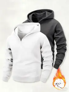 Men's Classic Solid Color Half-Zip Hoodie, Fleece Lined Pullover with Zipper Design, Casual Fashion for Fall & Winter Wear