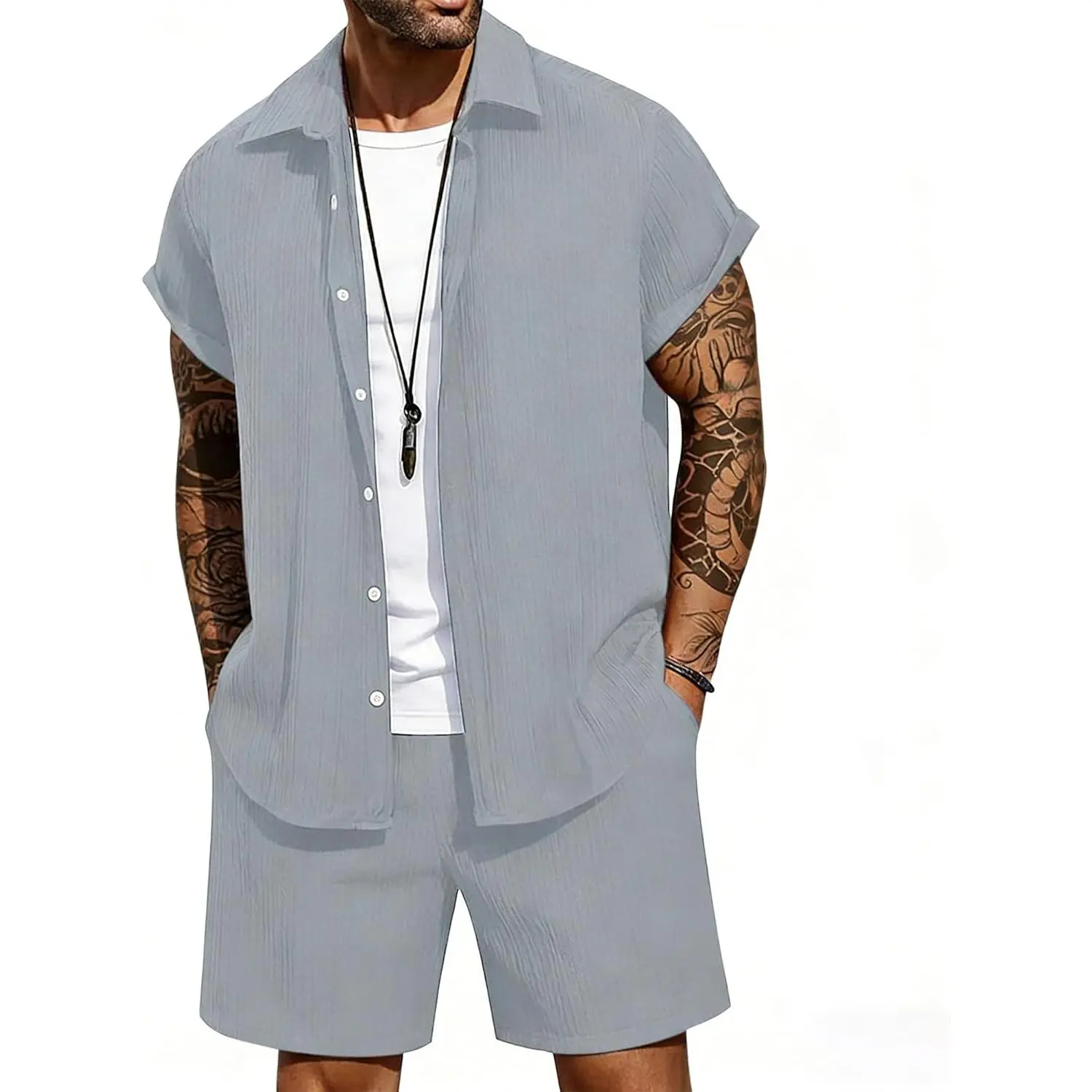 Men's 2-Piece Textured Linen Menswear Set - Short Sleeve Button Down Shirt, Drawstring Shorts for Tropical Summer Beach Vacation Day Matching Outfits, Classic, Fabric, Pockets, Casual, Stylish, Personalized