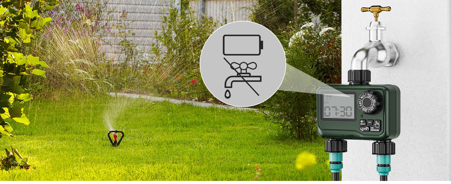 BN-LINK Sprinkler Timer Outdoor - 2 Zone Programmable Water Timer with Rain Delay, Automatic Irrigation System for Lawns & Garden Hoses - Waterproof Manual Controller with Large LCD Display