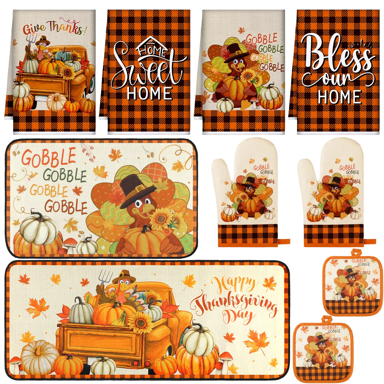 10 Pcs Fall Kitchen Decor Set Autumn Kitchen Towels Pumpkin Pot Holders Heat Resistant Oven Mitts and Rugs Set Thanksgiving Decor for Baking Cooking Gift Bakeware