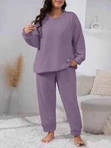 Women's Waffle Knit Pajama Set, Round Neck Long Sleeve Top, Elastic Cuffed Pants, Comfortable Casual Home Two-Piece Sleepwear,mummy tummy outfits, Loungewear