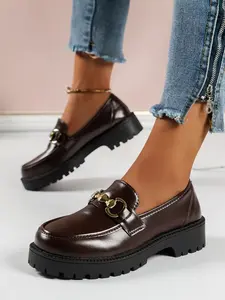 Women's Elegant Thick Sole Loafer, Slip On Shoes, Patent Leather Chunky Heel, Slimming Design, Fall/winter British Style, Single Shoe